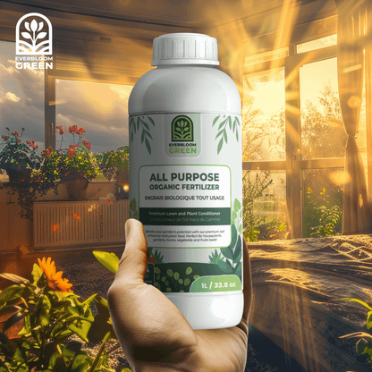 All-Purpose Outdoor fertilizer shown with freshly harvested herbs and vegetables